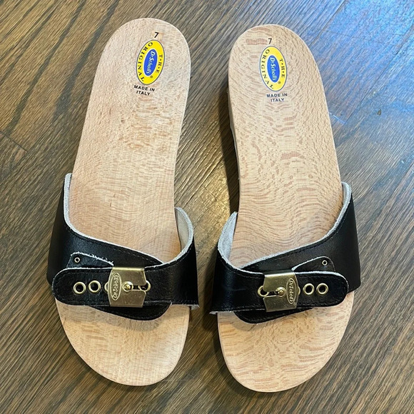 DR SCHOLLS Vintage 1980s black leather wooden The Original Sandal Exercise - Picture 3 of 14